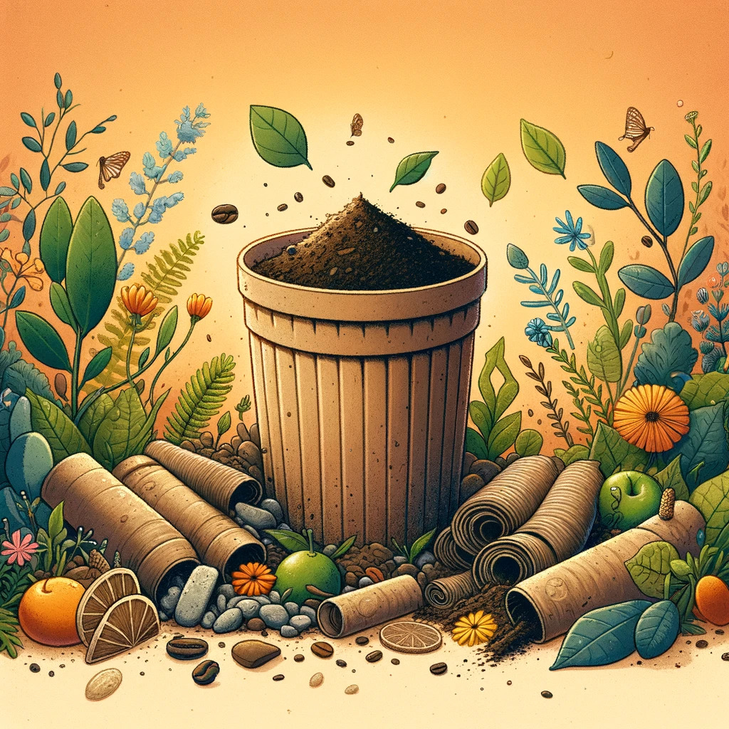 Illustration einer umweltfreundlichen, kompostierbaren Kaffeekapsel, umgeben von Pflanzen und Blumen, um die Nachhaltigkeit und den positiven Einfluss